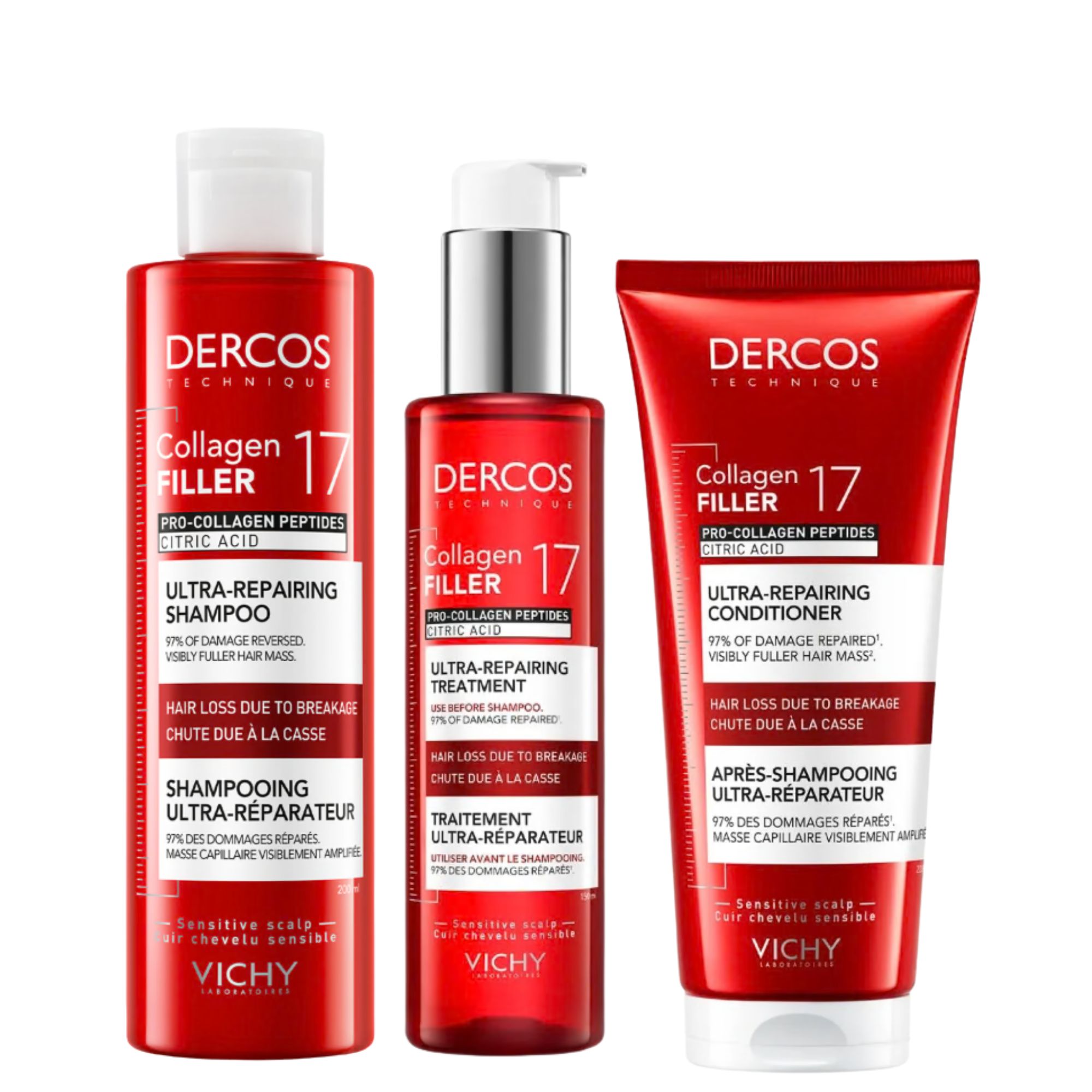 Vichy Zestaw Dercos Collagen 17 Filler: Kuracja 150ml + Szampon 200ml + Odżywka 200ml