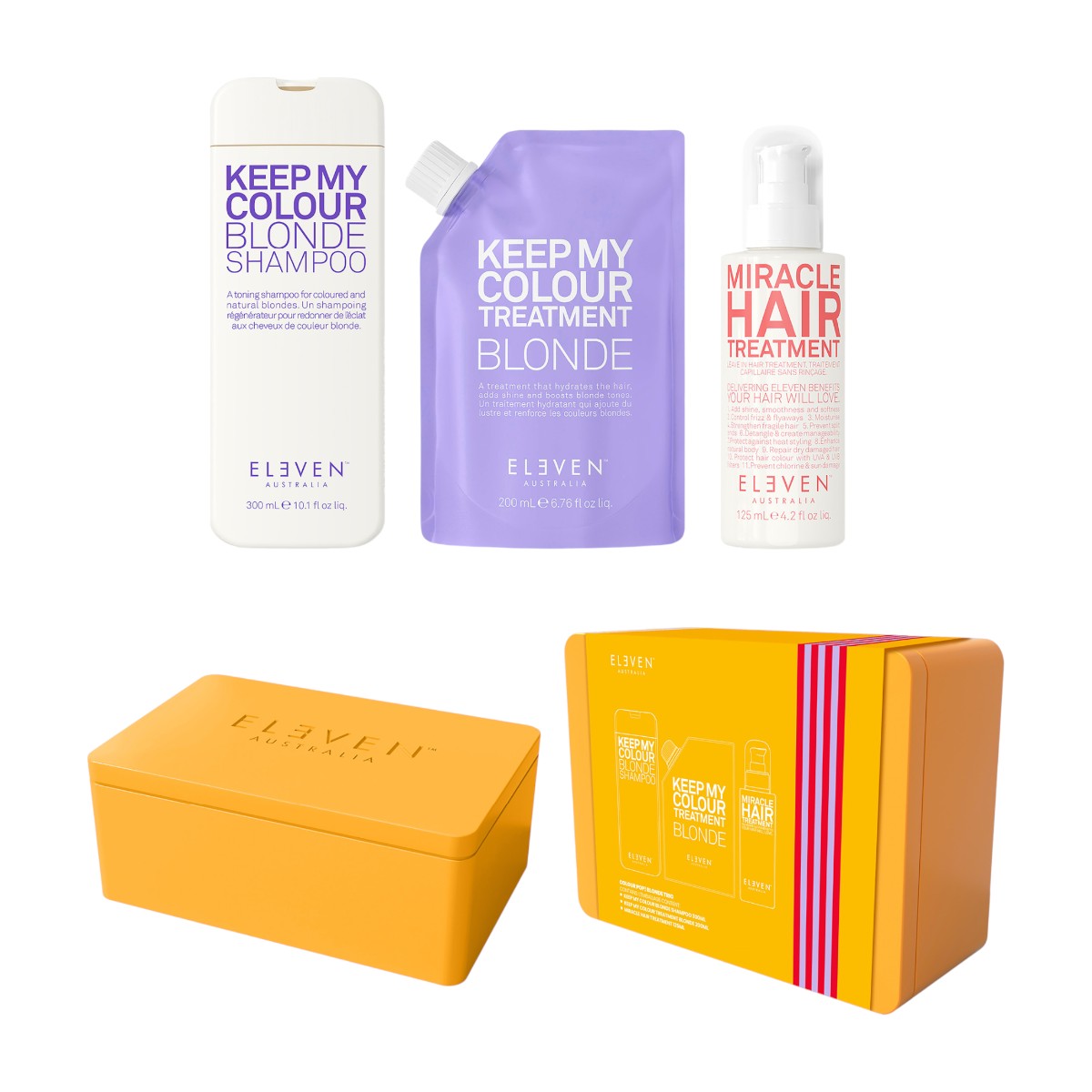 Eleven Australia Blond Holiday Trio Zestaw: szampon ochładzający kolor + kuracja do włosów blond + kuracja wzmacniająca