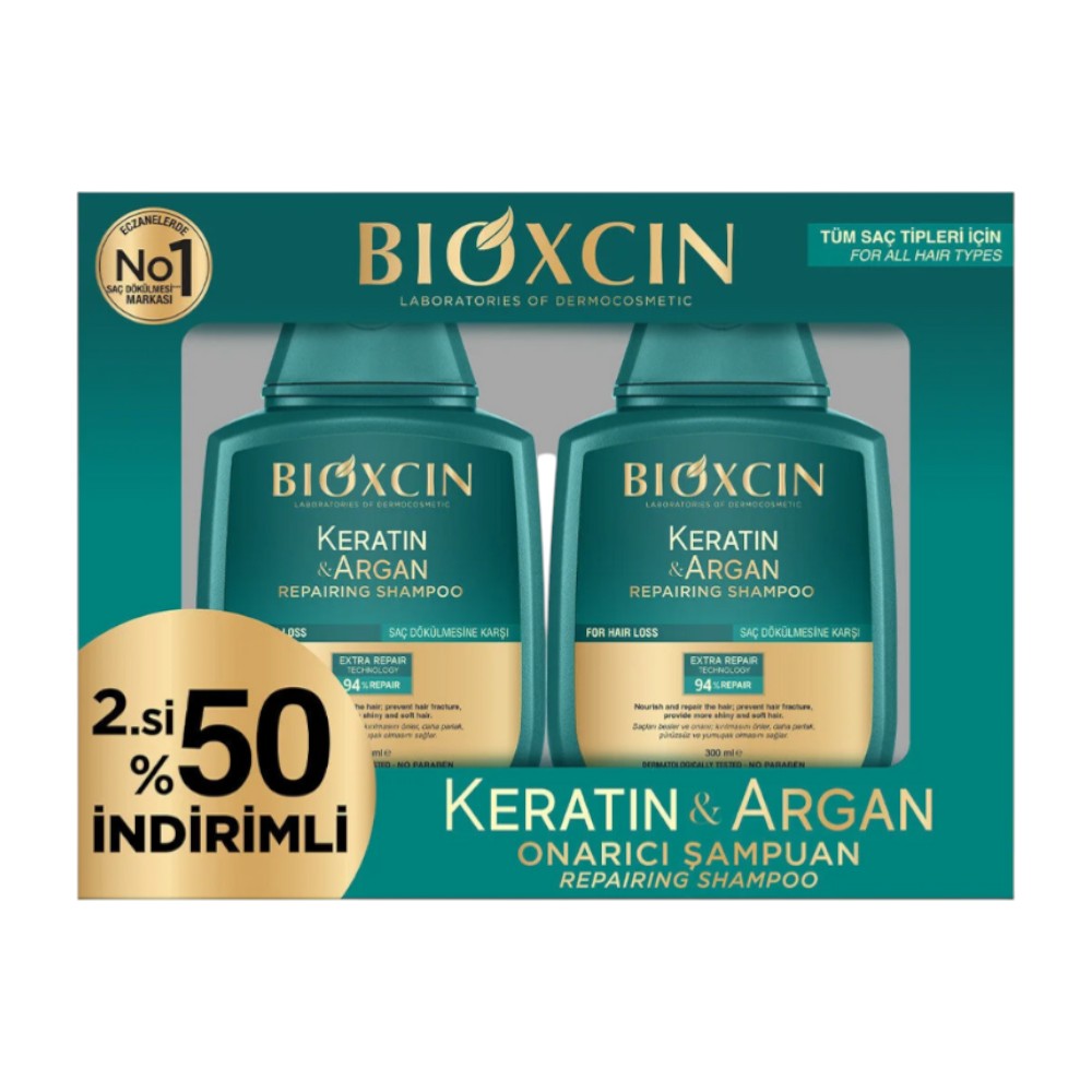 Bioxcin Keratin & Argan Szampon nawilżająco-regenerujący, Duopack