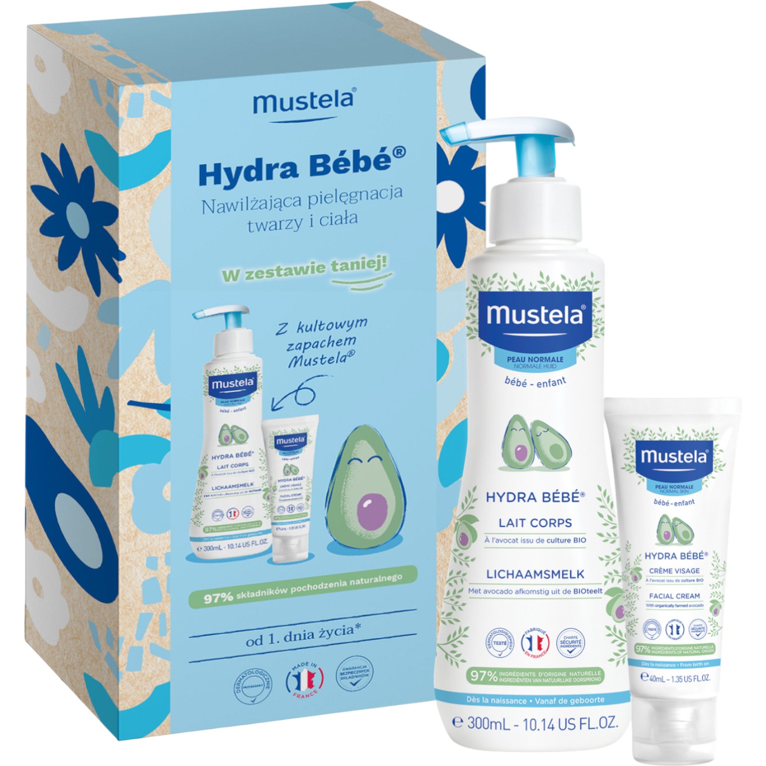 Mustela Zestaw Hydra Bebe Nawilżająca pielęgnacja twarzy i ciała: Mleczko do ciała +Krem