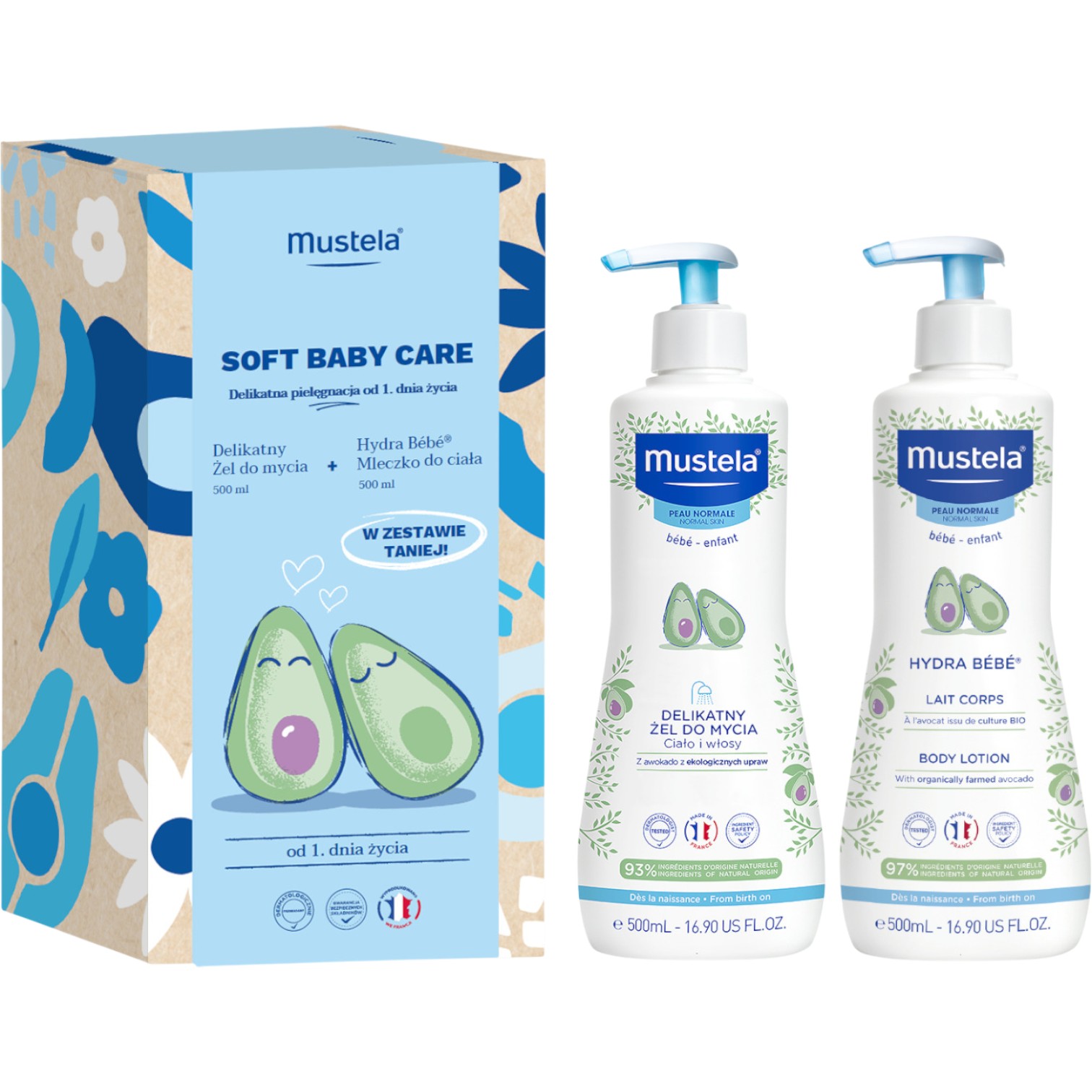 Mustela Zestaw Soft Baby Care: Delikatny żel do mycia + Hydra Bebe Mleczko do ciała