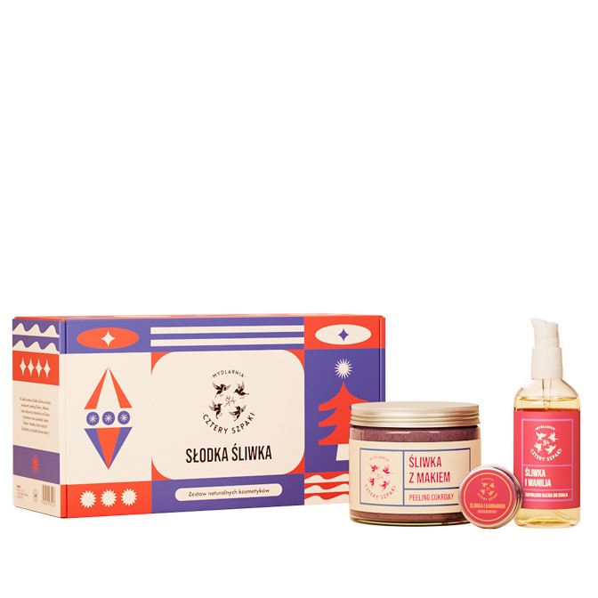 Mydlarnia Cztery Szpaki Śliwka Zestaw: Peeling + Balsam do ust + Olejek do ciała