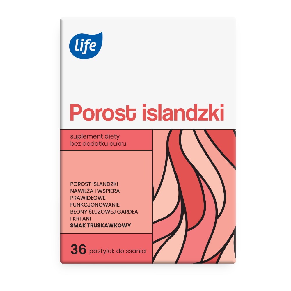 Life Porost islandzki tabletki do ssania o smaku truskawkowym, 36 szt.