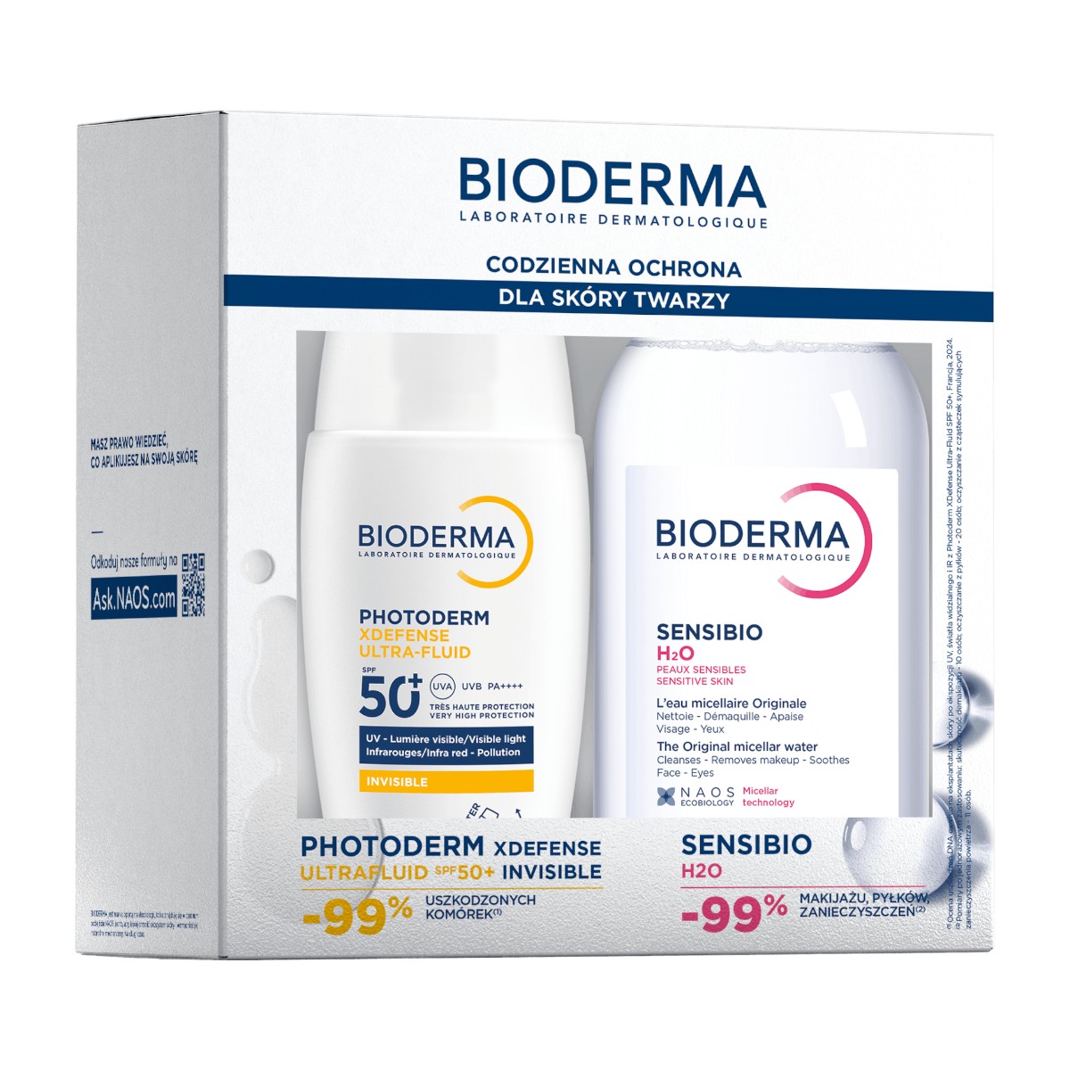 Bioderma Zestaw: fluid ochronny Photoderm XDefense SPF 50+ + woda micelarna Sensibio H2O 