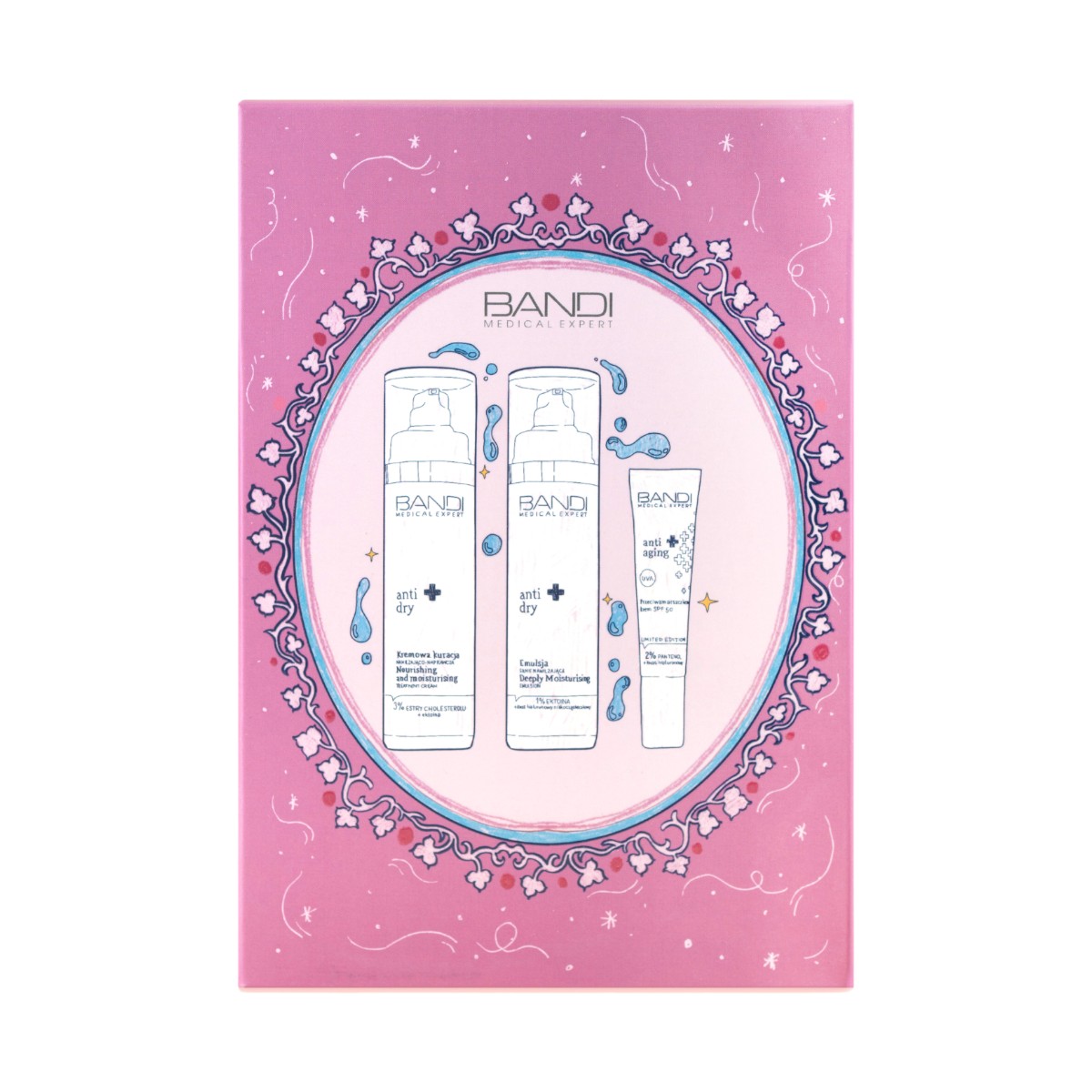 Bandi Medical Expert Anti-Dry Zestaw: emulsja silnie nawilżająca + kremowa kuracja nawilżająco-naprawcza + przeciwzmarszczkowy krem SPF 50