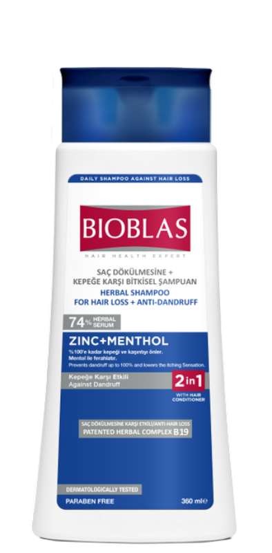 Bioblas Szampon Ziołowy przeciw wypadniu włosów z Odżywką Przeciwłupieżowy Cynk + Mentol 360 ml