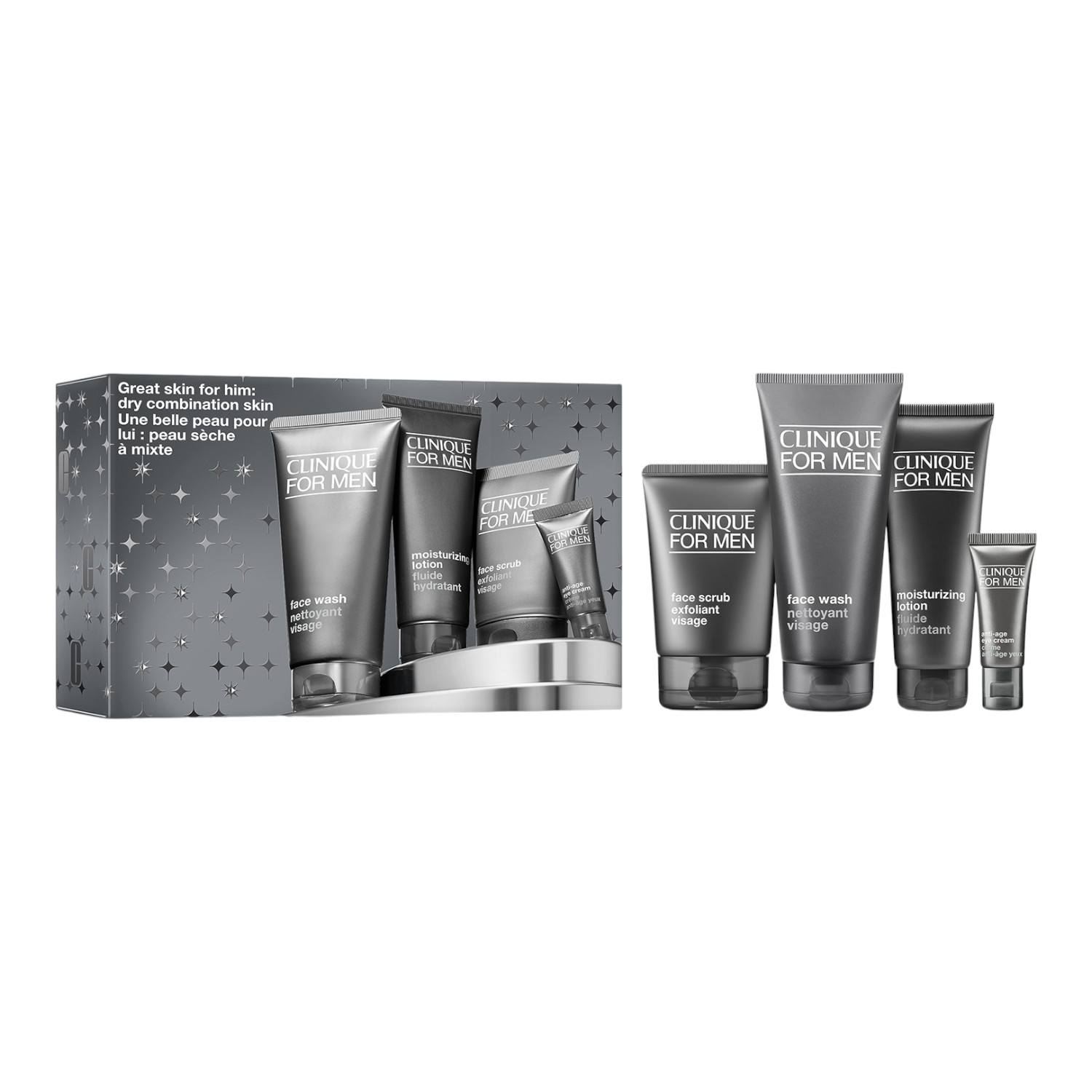 Набор для лица Clinique For Men Great Skin Essentials, гель для умывания, пилинг, крем для глаз и эмульсия, для сухой кожи
