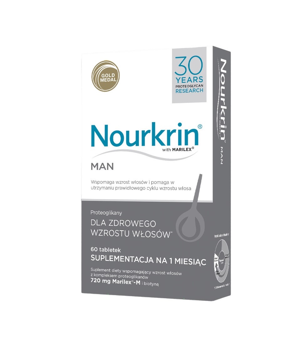 Nourkrin Man Suplement diety na wzrost włosów z kompleksem proteoglikanów Marilex®, tabletki