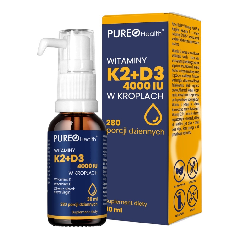 Pureo Health Witaminy K2+D3 w kroplach, 30 ml 