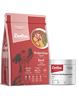 Lovira Zestaw: Suplementy 8 w 1 60 szt + Karma Sucha Wołowina 3 kg