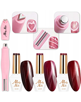 MollyNails Zestaw Walentynkowy Cat Eye 3x8 g Lakier Hybrydowy Do Paznokci + Magnetyzer Serce