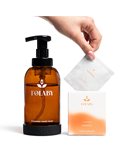 Folaby zestaw: mydło do rąk w pianie + szklana butelka – mango (4 szt., 1000ml)