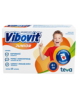 Vibovit Junior, Zestaw witamin dla dzieci od 4. roku życia, Smak truskawkowy, Saszetki