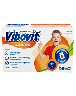 Vibovit Junior, Zestaw witamin dla dzieci od 4. roku życia, Smak truskawkowy, Saszetki