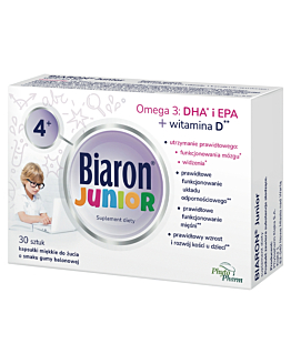 Biaron Junior, Omega-3 + Witamina D dla dzieci powyżej 4. roku życia i dorosłych, Kapsułki miękkie do żucia, Smak gumy balonowej