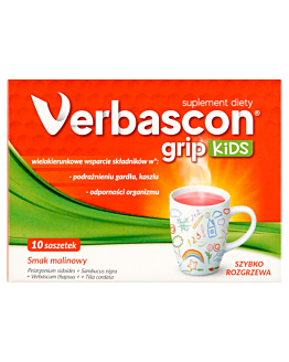 Verbascon Grip Kids, Preparat na przeziębienie dla dzieci, Proszek do rozpuszczania, Smak malinowy
