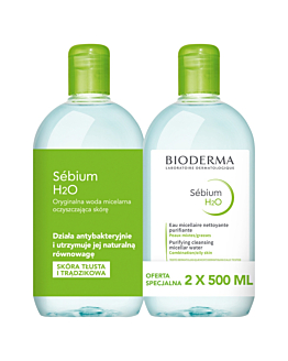 Bioderma Sebium H2O Płyn micelarny do skóry tłustej i mieszanej, 2 x 500 ml