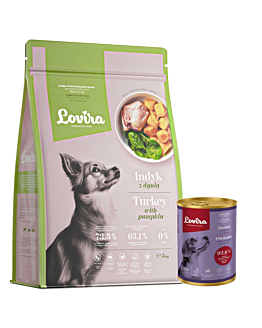Lovira Karma dla psa Sucha Indyk 3 kg + Mokra Puszka bażant 400 g