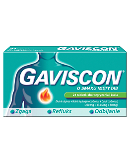 Gaviscon 250mg+133,5mg+80mg tabletki do rozgryzania i żucia smak miętowy, 24 tabl.