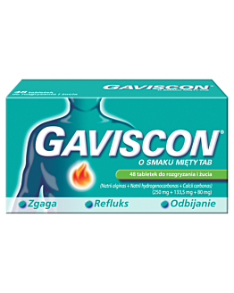 Gaviscon 250mg+133,5mg+80mg tabletki do rozgryzania i żucia smak miętowy, 48 tabl.