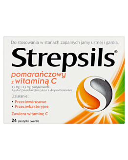 Strepsils pomarańczowy z wit.C, Pastylki twarde 600mcg+1,2mg, 24 Sztuki