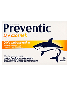 Preventic D3, Olej z wątroby rekina, witamina D3 2000 j.m. i czosnek, Kapsułki