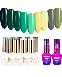 Zestaw 9 kolorów Molly Nails Rest & Relax HEMA/Di-HEMA Free 8g + baza i top GRATIS (X-Bond Base, Doctor Top)