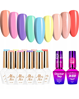 MollyNails Yoghurt Zestaw 9 Lakierów Hybrydowych Do Paznokci 8g + Baza X-Bond Base 10g + Top Doctor Top 10g