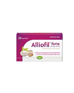 Alliofil Forte Kapsułki 0,35 g+0,05 g, suplement diety zawierający czosnek oraz pokrzywę, Kapsułki