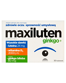 Maxiluten Ginko+, Suplement diety zawierający składniki wspomagające wzrok, Tabletki