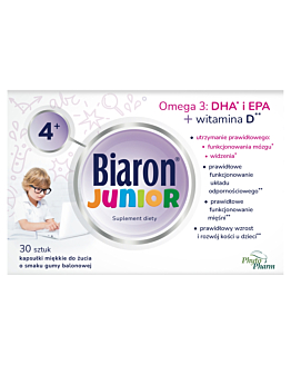 Biaron Junior, Omega-3 + Witamina D dla dzieci powyżej 4. roku życia i dorosłych, Kapsułki miękkie do żucia, Smak gumy balonowej