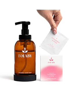 Folaby zestaw: mydło do rąk w pianie + szklana butelka – żurawina & róża (4 szt., 1000ml)