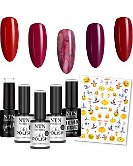 NTN Premium Zestaw 5 Lakierów Hybrydowych Bordowe Kolory Jesieni 5x5 g + Naklejki Halloween DD-762