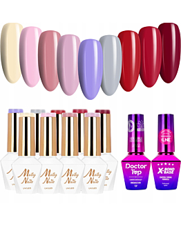 MollyNails Glamour Women Zestaw 9 Lakierów Hybrydowych Do Paznokci 8g + Baza X-Bond Base 10g + Top Doctor Top 10g