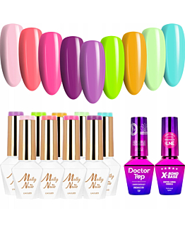 MollyNails Fancy Fashion Zestaw 9 Lakierów Hybrydowych Do Paznokci 8g + Baza X-Bond Base 10g + Top Doctor Top 10g