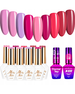 MollyNails Flamingo Zestaw 9 Lakierów Hybrydowych Do Paznokci 8g + Baza X-Bond Base 10g + Top Doctor Top 10g