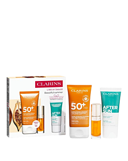 Clarins Sun Zestaw: krem ochronny SPF 50+ + balsam po opalaniu + odżywczy olejek do ust