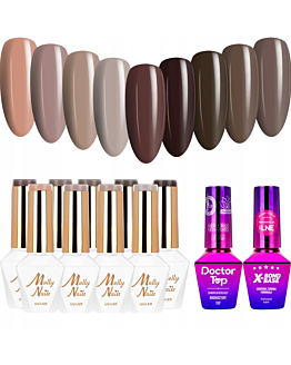 MollyNails Choco Dreams Zestaw 9 Lakierów Hybrydowych Do Paznokci 8g + Baza X-Bond Base 10g + Top Doctor Top 10g