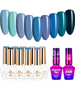MollyNails Blue Sky Zestaw 9 Lakierów Hybrydowych Do Paznokci 8g + Baza X-Bond Base 10g + Top Doctor Top 10g