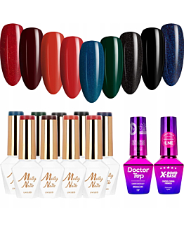 MollyNails Elite Women Zestaw 9 Lakierów Hybrydowych Do Paznokci 8g + Baza X-Bond Base 10g + Top Doctor Top 10g
