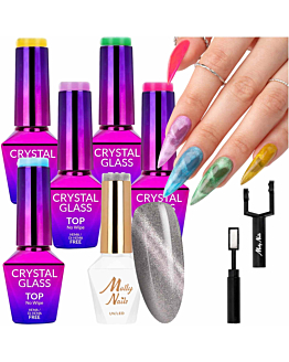 MollyNails Zestaw 5 Topów Crystal Glass + Lakier Hybrydowy Cat Eye + Magnetyzer