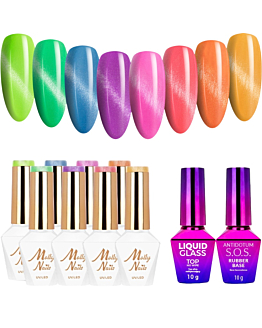 MollyNails Cat Eye Pastel Wiosna Zestaw 8 Lakierów Hybrydowych Do Paznokci 8g + Baza Top