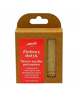 Miabox Ziołowy Dotyk Szare mydło potasowe z łopianem i  dla skóry potrzebującej dezynfekcji. Naturalne Mydło Potasowe – Delikatne do Ciała, Handmade