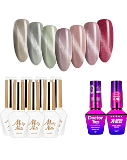 MollyNails Cat Eye Crystal Water v2.0 Zestaw 7 Lakierów Hybrydowych Do Paznokci 8g + Baza Top