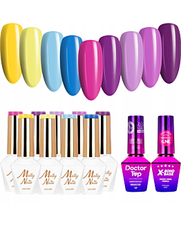 MollyNails Cocktails & Drinks Zestaw 9 Lakierów Hybrydowych Do Paznokci 8g + Baza X-Bond Base 10g + Top Doctor Top 10g