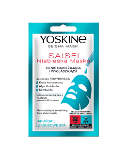 Yoskine Geisha Mask Saisei Niebieska maska na tkaninie