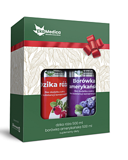 EkaMedica Zestaw 2 soków: Dzika róża 500 ml + Borówka amerykańska 500 ml