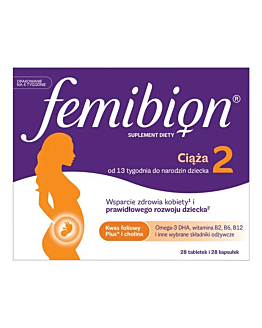 Femibion 2 Ciąża, Zestaw witamin i minerałów dla kobiet od 13. do 40. tygodnia ciąży, Tabletki powlekane + kapsułki miękkie