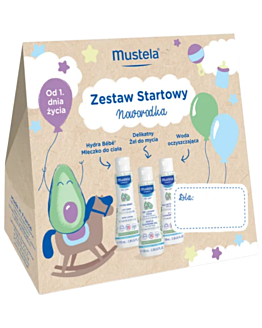 Mustela Zestaw Startowy dla noworodka: Delikatny żel do mycia, 100 ml + Woda oczyszczająca bez spłukiwania, 100 ml + Mleczko do ciała, 100ml