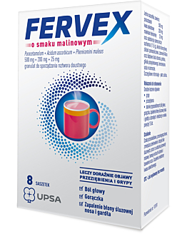 Fervex o smaku malinowym 500 mg + 200 mg + 25 mg Granulat do sporządzania roztworu doustnego Saszetki 